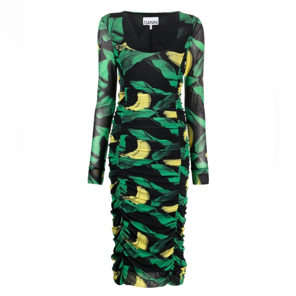 GANNI Graphic-print Ruched Midi Dress